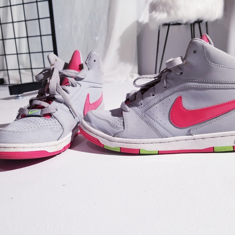 Nike Women's Gray and Pink High-Top Sneakers with Green Accents